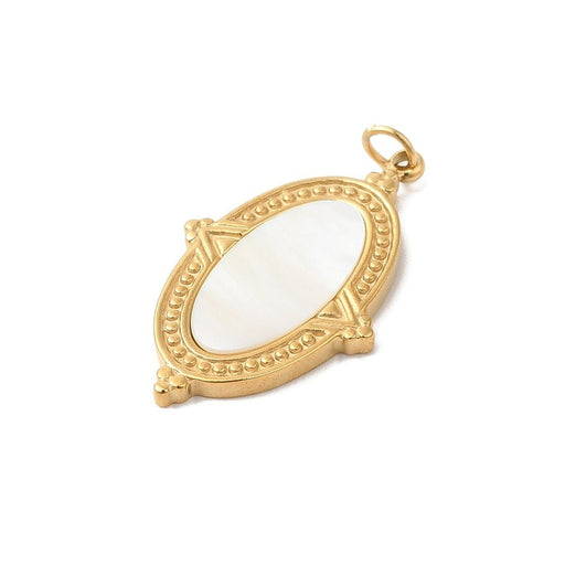 Kaufen Sie Perlen in Deutschland Ovaler Anhänger aus goldenem Edelstahl weiße Muschel flacher Cabochon - 25 mm (1)