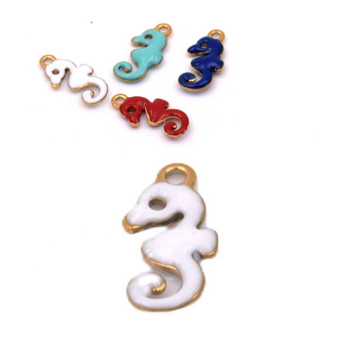 Seepferdchen-Anhänger mit Weiße Emaille – goldener Edelstahl – 10 mm (1)