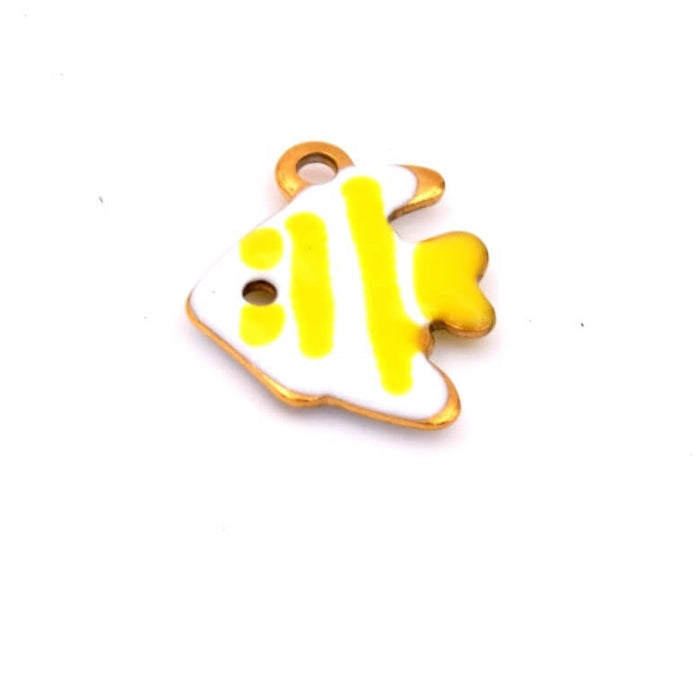 Kleiner Fisch Anhänger mit gelb gestreifter weißer Emaille - Goldener Stahl -12mm - Loch: 1mm (1)