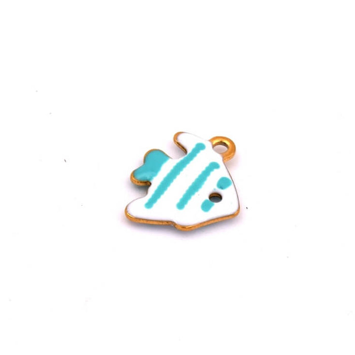Kleiner Fisch Anhänger mit türkis gestreifter weißer Emaille - Goldener Stahl -12mm - Loch: 1mm (1)