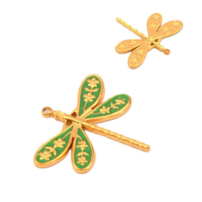 Libellenanhänger mit grüner Emaille - Goldener Edelstahl 27x24mm (1)