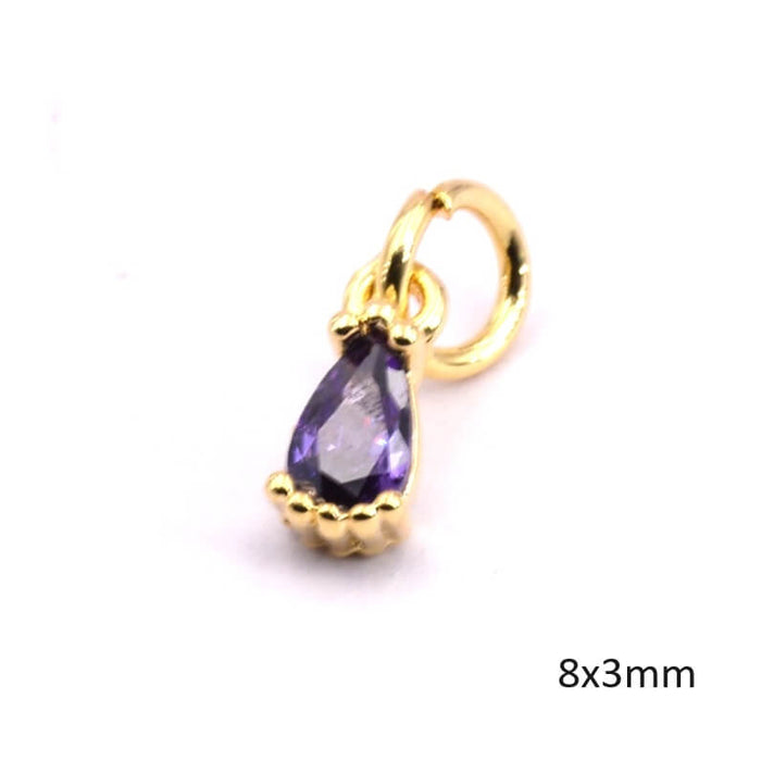 Tropfen-Charm-Anhänger mit violettem Zirkon in Goldqualität, 8 x 3 mm (1)