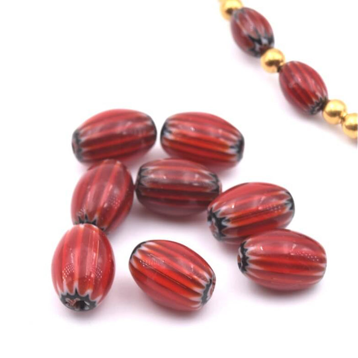 Rote Millefiori-Röhrchenperlen 8.5–9 x 6–6.5 mm Loch: 0.8 mm (10)