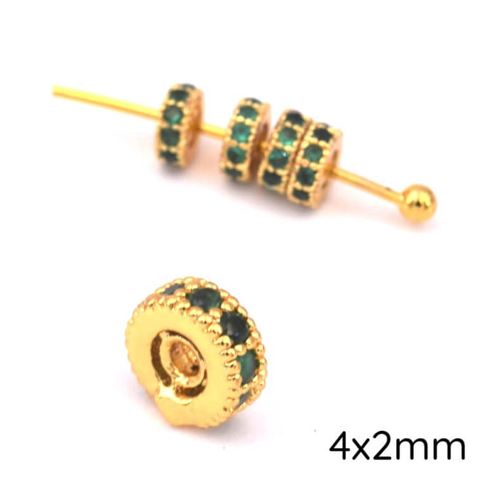 Heishi-Perle mit grünem Zirkonia 4x2mm Golden Brass - Loch: 0.8mm (1)