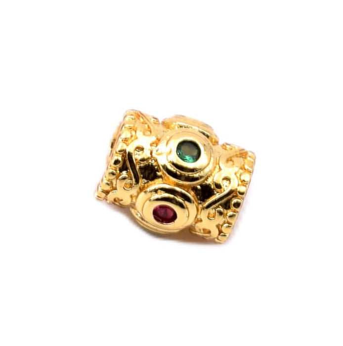 Röhrchenperle mit grünen und roten Zirkonen – goldenes Messing 8 x 7 mm Loch: 3 mm (1)