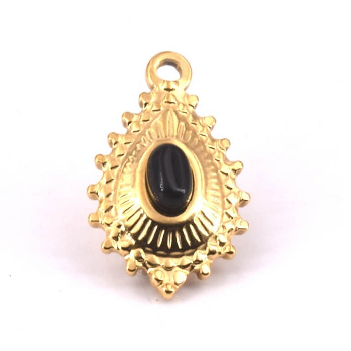 Tropfen-Anhänger Stahl Gold und schwarzer Stein Cabochon 19x14mm (1)