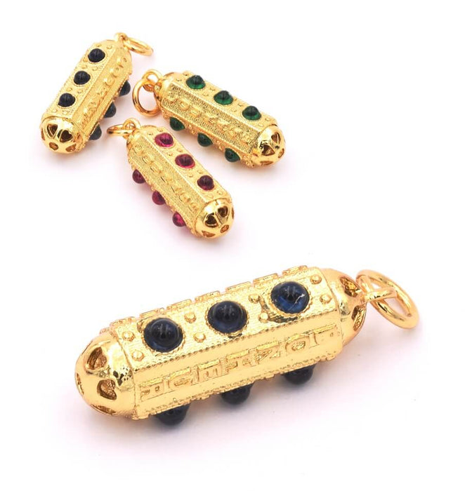 Sechseckiger Zylinder Anhänger 18K vergoldet, 19x7mm, dunkelblaue Zirkone (1)