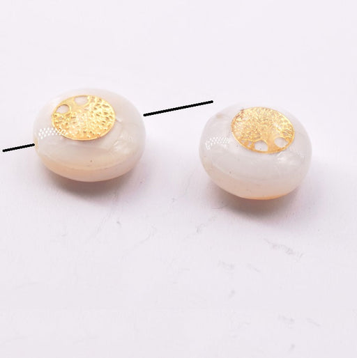 Kaufen Sie Perlen in Deutschland Flache runde Muschelperle mit goldenem Lebensbaum 9 x 3,5 mm, Loch 0,8 mm (2)