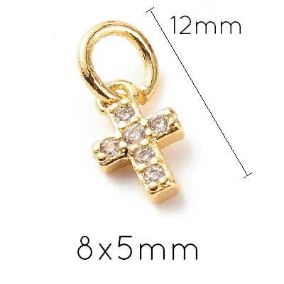 Charm-Anhänger Kreuz Goldenes Messing - 6 Zirkone - 8x5mm (1)