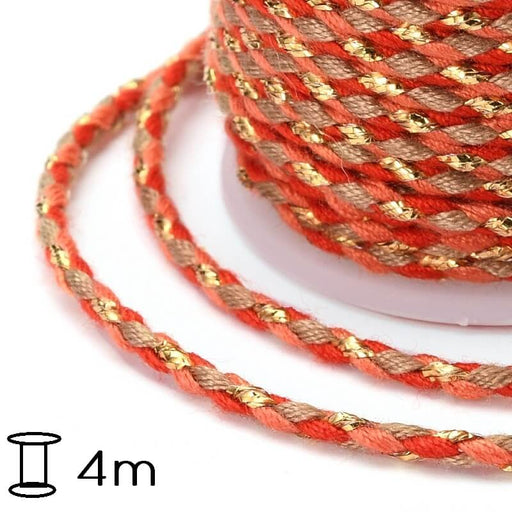 Kaufen Sie Perlen in Deutschland Geflochtene Baumwollkordel rot und orange - Goldfaden , 2mm (Spule- 4m)