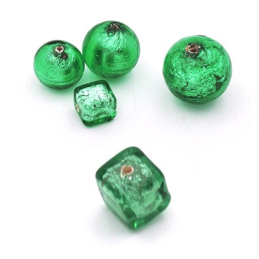 Kaufen Sie Perlen in Deutschland Murano Perlenwürfel Grün und Silber 6mm (1)