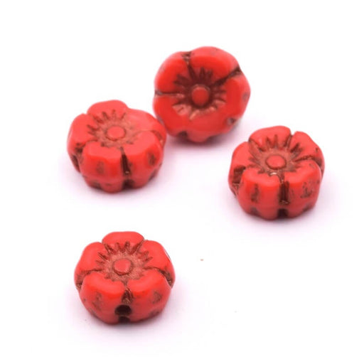 Kaufen Sie Perlen in Deutschland Tschechisches Druckglas Hibiscus Rot and Bronze 7mm (4)