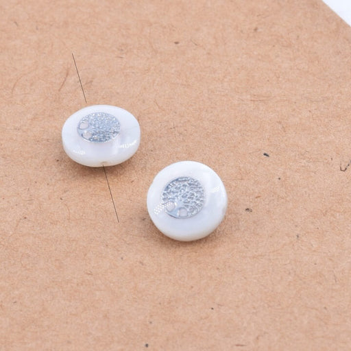 Kaufen Sie Perlen in Deutschland Flache runde Perlen mit weißer Schale und Platinbaum des Lebens 8 x 3 mm - Loch 0.6 mm (2)