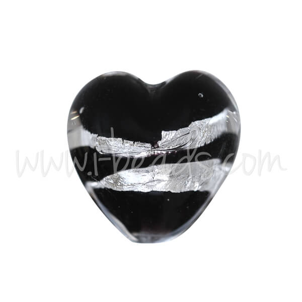 Murano Glasperle Herz Schwarz und Silber 10mm (1)