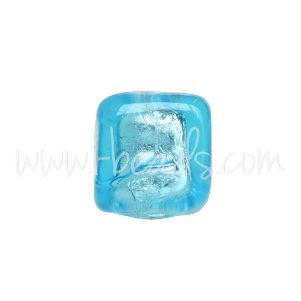 Murano Glasperle Würfel Aquamarin und Silber 6mm (1)