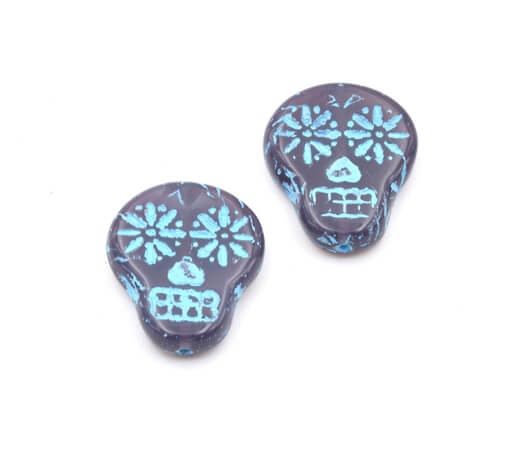 Tschechisches Druckglas Sugar Skull lilac opaline-turquish 15x19mm (2)