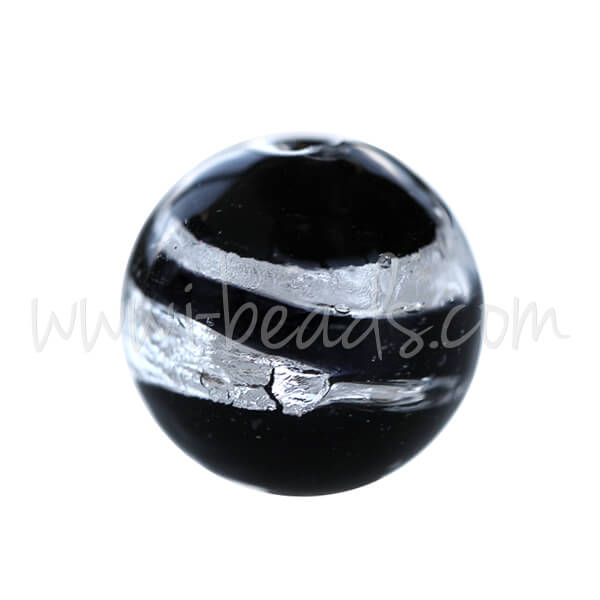 Murano Glasperle Rund Schwarz und Silber 10mm (1)