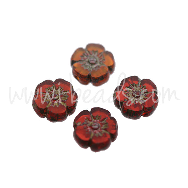 Tschechisches Druckglas Hibiskusblüte Orange und Picasso 9mm (4)