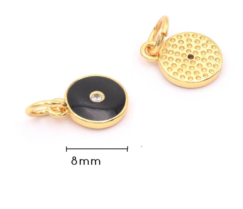 Charm Anhänger vergoldet 18K Qualität- Zirkon Strasssteine- Emaille schwarz  8mm (1)