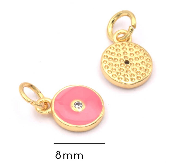 Charm Anhänger vergoldet 18K Qualität- Zirkon Strasssteine- Emaille pinke 8mm (1)