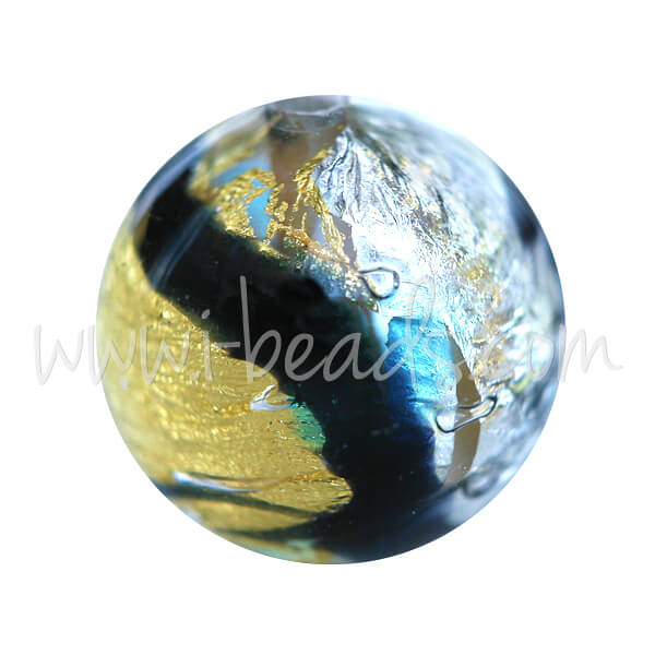 Murano Glasperle Rund Schwarz Blau und Silber Gold 12mm (1)