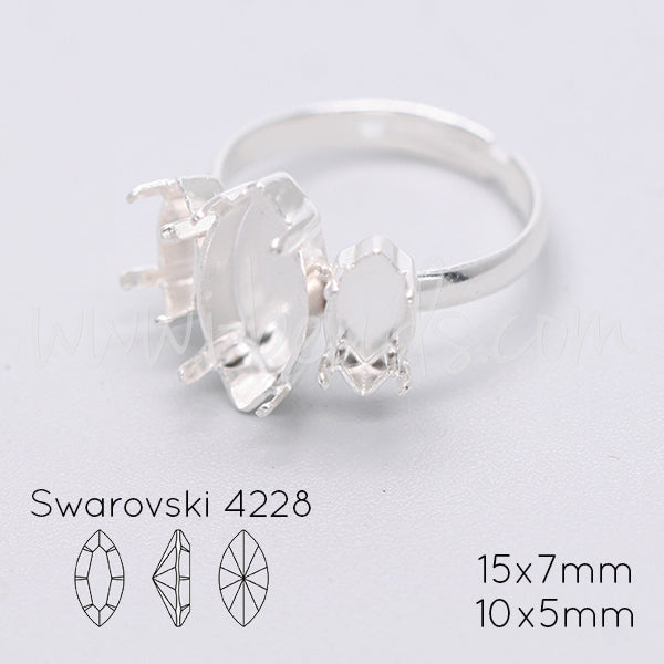 Verstellbare Ringfassung für Swarovski 4228 Rübchen 15x7mm und 10x5mm silber-plattiert (1)