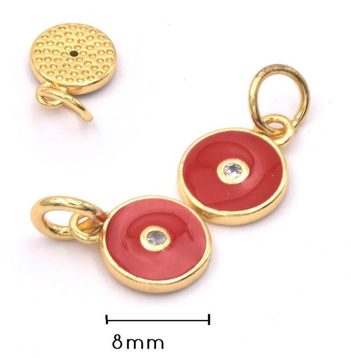 Charm Anhänger vergoldet 18K Qualität- Zirkon Strasssteine- Emaille rot  8mm (1)