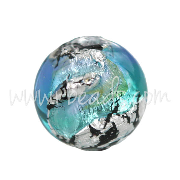 Murano Glasperle Rund Blau und Silber 10mm (1)