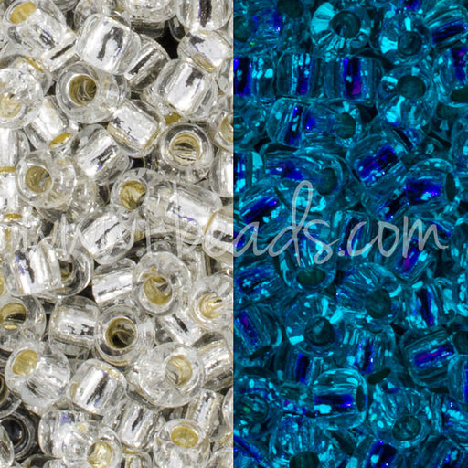 Kaufen Sie Perlen in Deutschland ccPF2701S - Toho Rocailles Perlen 11/0 Glow in the dark silver-lined crystal/glow blue permanent finish (10g)