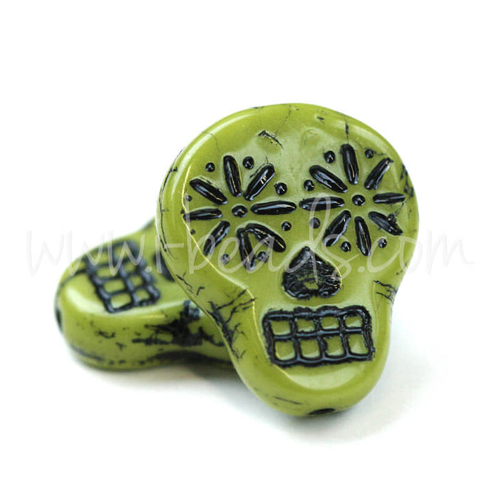 Tschechisches Druckglas Sugar Skull Grün Schwarz 15x19mm (2)