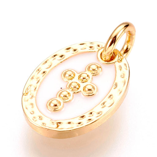 Kaufen Sie Perlen in Deutschland Charm, Anhänger aus goldenem Messing und weißer Emaille mit Kreuz 9mm + Ring (1)