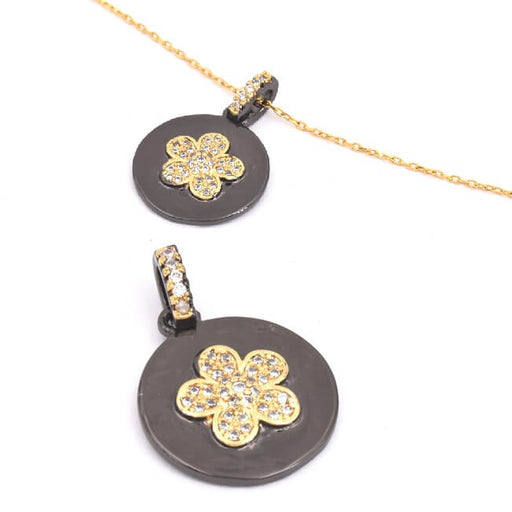 Kaufen Sie Perlen in Deutschland Medaille aus schwarz lackiertem Messing und mit Zirkon gepflasterter Blume 17 + 4 mm (1)