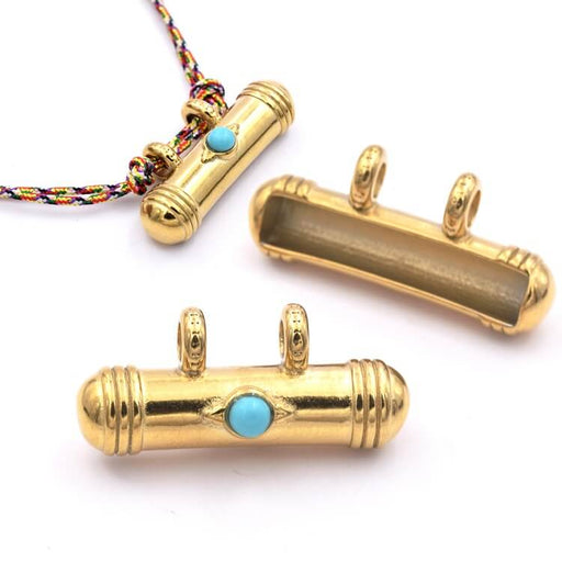 Kaufen Sie Perlen in Deutschland Ethnischer Röhrenanhänger mit 2 Ringen, türkis goldfarbener Edelstahl, 33 x 15 mm (1)
