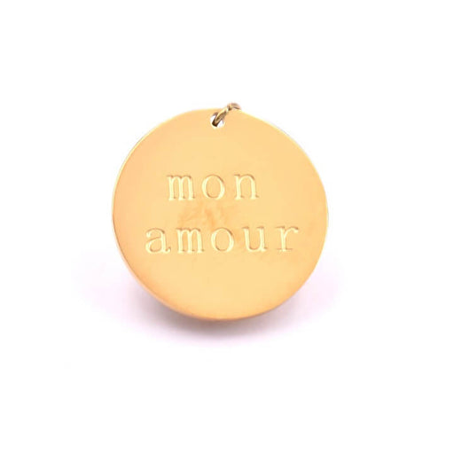 Anhänger Medaille mit Gravur „Mon Amour“ aus goldenem Stahl – 20 mm (1)