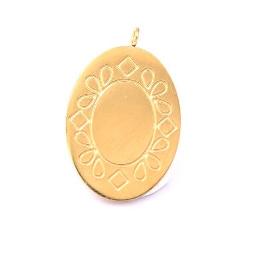 Kaufen Sie Perlen in Deutschland Ovaler Anhänger aus vergoldetem Stahl mit Gravur, 26 x 17 mm – Loch: 1,8 mm (1)