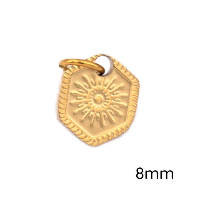 Gravierte Hexagon Anhänger 8mm goldener Edelstahl - Loch: 2mm (1)