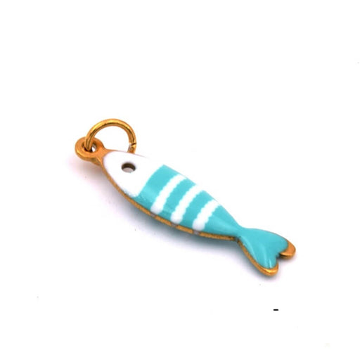 Fisch-Anhänger Türkis und weiße Emaille - goldener Stahl 19x5mm (1)