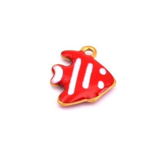 Kaufen Sie Perlen in Deutschland Kleiner Fisch Anhänger mit rot gestreifter weißer Emaille - Goldener Stahl -12mm - Loch: 1mm (1)