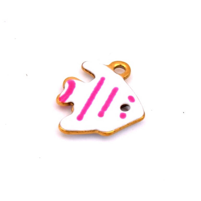 Kleiner Fisch Anhänger mit rosa gestreifter weißer Emaille - Goldener Stahl -12mm - Loch: 1mm (1)
