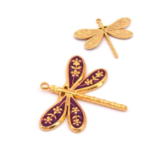 Kaufen Sie Perlen in Deutschland Libellenanhänger mit lilafarbener Emaille - Goldener Edelstahl 27x24mm (1)