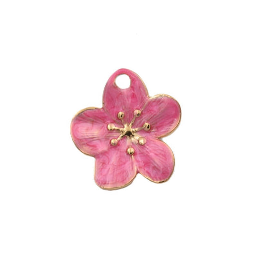 Blumenanhänger aus rosa Emaille – Goldfarbener Edelstahl 24 mm (1)