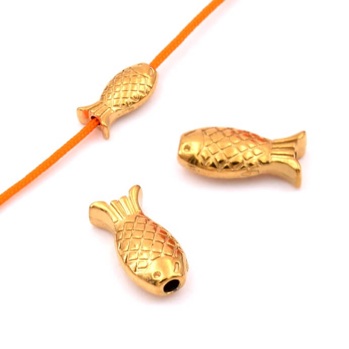 Perle in Fischform – goldfarbener Edelstahl – 9 x 4.5 mm – Loch: 1 mm (2)