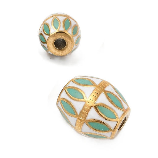 Bikonische Perle 15 x 12 mm goldfarbener Edelstahl mit weißer und türkisfarbener Emaille (1)