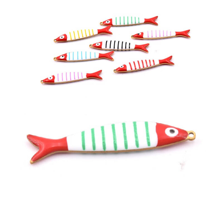 Fisch-Anhänger mit grünen Emaille-Streifen goldfarbener Stahl 40 x 8 mm (1 Stück)