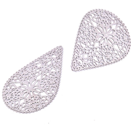 Tropfenförmiger Anhänger mit filigranem Blumenmotiv – Platinmessing – 40 x 26 mm (2)