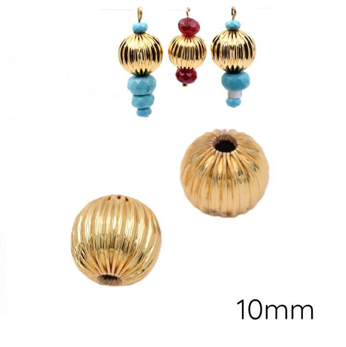 Runde gerillte goldfarbene Messingperlen – 10 mm – Loch: 2 mm (2)