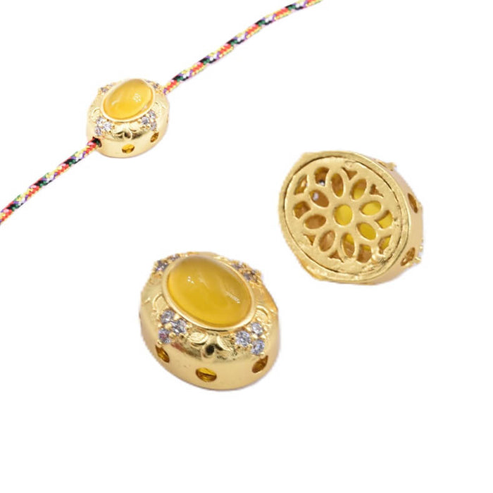 Perle für mehrere Stränge (oval) – mattes, goldfarbenes Messing und gelber Achat – 12 x 10 mm (1)