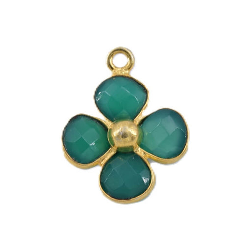Blumen-Anhänger (4 Blütenblätter) aus grünem Onyx – Fassung aus vergoldetem 925er Silber – 21 x 15 mm (1)
