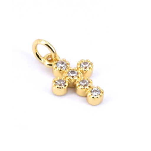 Kaufen Sie Perlen in Deutschland Charm Anhänger Kreuz Messing Flash Gold – 6 Zirkone – 12 x 8 mm (1)