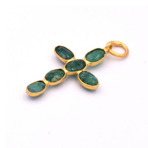 Kaufen Sie Perlen in Deutschland Kreuzanhänger mit 6 Smaragden, eingefasst in Sterlingsilber, Blitzgold, 24 x 16 mm (1)